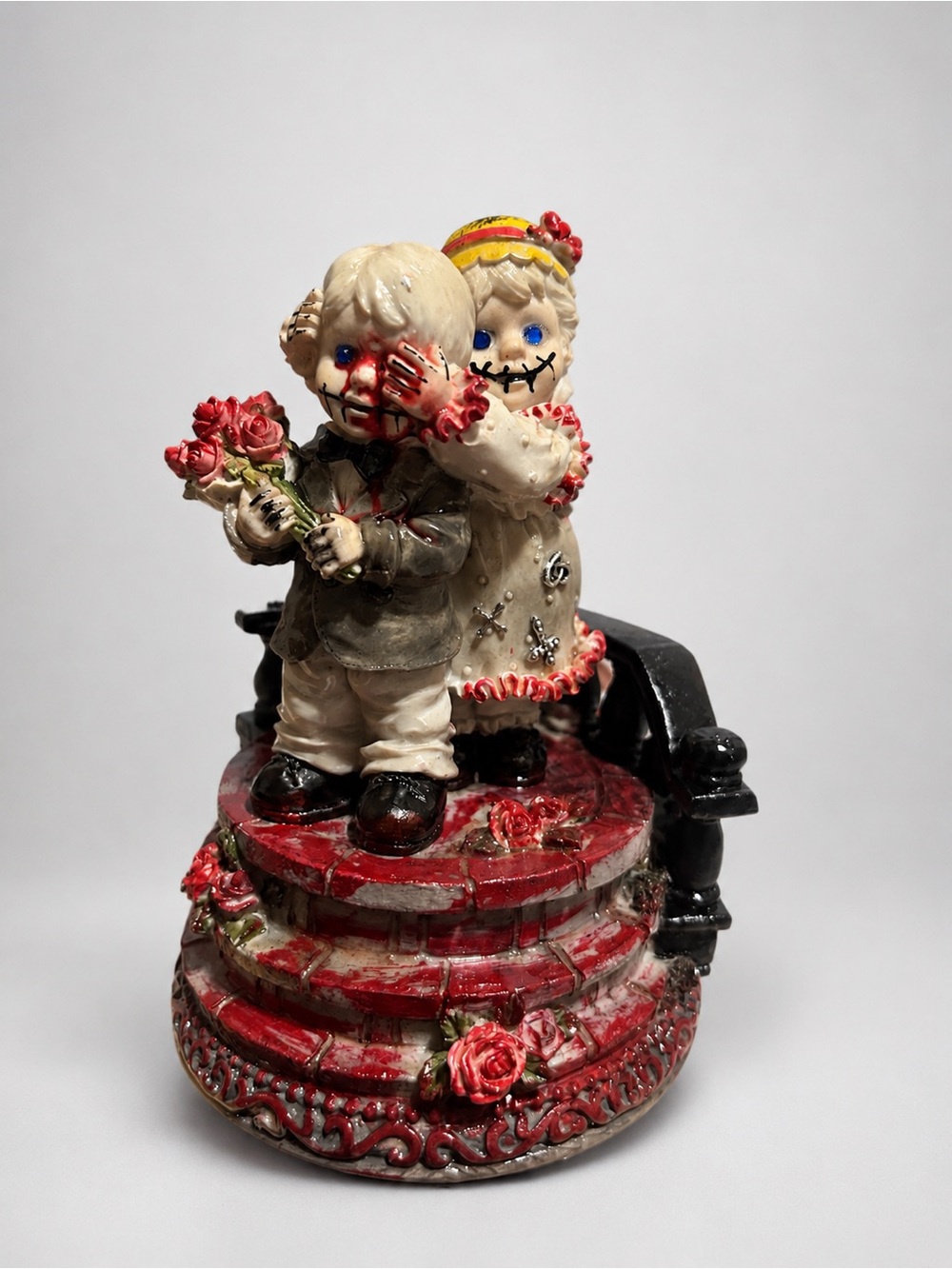 Halloween horror creepy Ceramic Boy and Girl Figurine in Red and Cream art decor